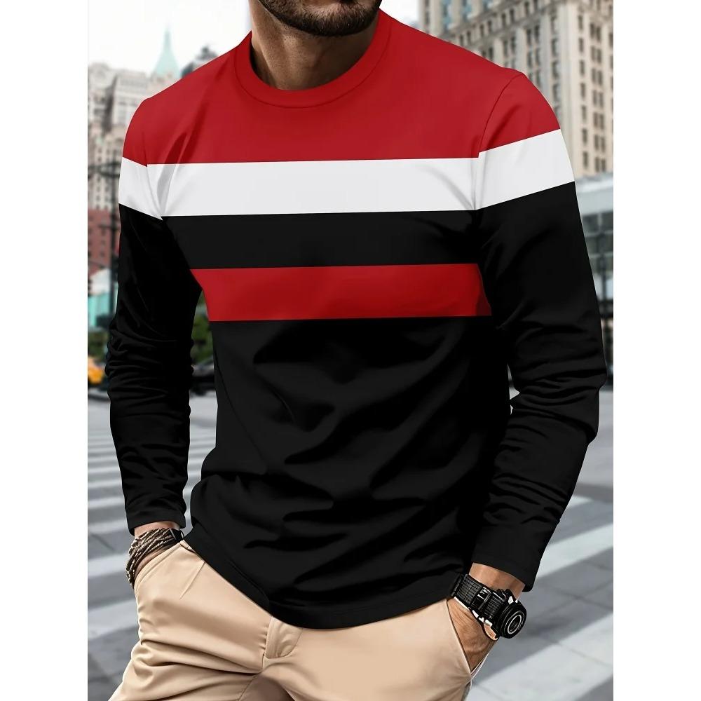 Men's Casual Long-sleeved Striped Eagle Emblem Breathable Round Neck Fashionable Comfortable Soft Breathable Minimalist Daily T-shirt