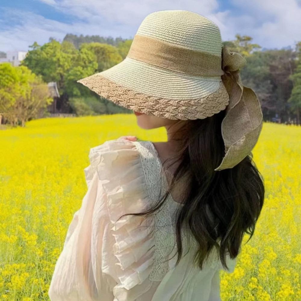 Hollow Out Big Brimmed Woven Cap Portable Bow Fisherman Cap Straw Weaving Beach Hat  Spring