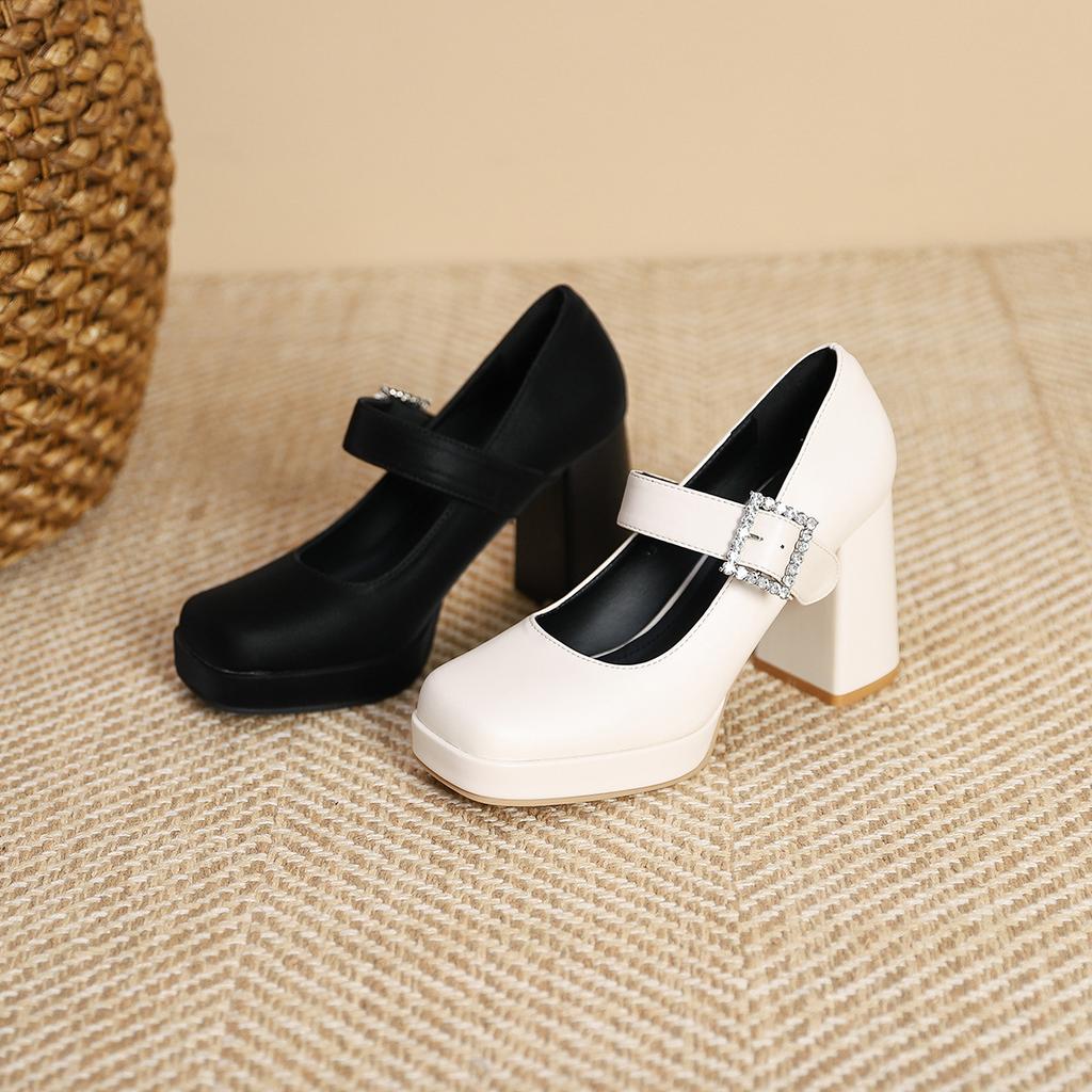 3359-19 Einwort-Strassschnalle mit dickem Absatz Mary Jane Einzelne Schuhe Damen Französisch Retro Quadratische Spitze Hoher Absatz Leichter Ausschnitt Einzelne Schuhe