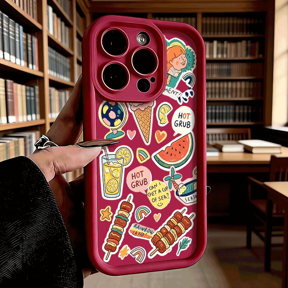 Summer Food Stickers Set Phone Case for iPhone 17 16 15 14 13 12 11 Pro Max Plus Anti Scratch, Gel Flexible Protective
