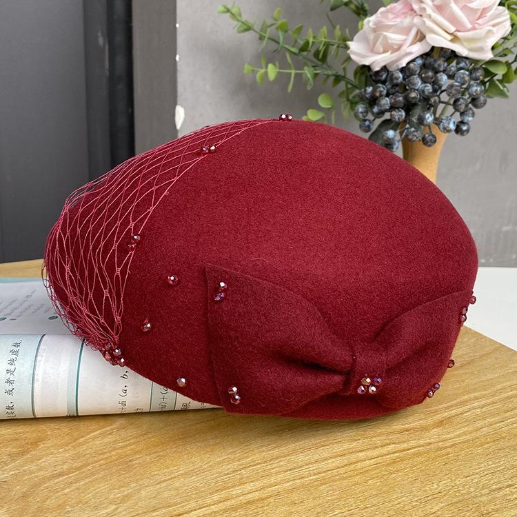 French British Retro Woolen Top Hat Autumn And Winter Bow Mesh Yarn Hat Styling Bud Hat Female Elegant Stewardess Hat