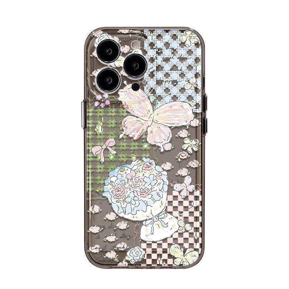 Korean plaid butterfly flower for iPhone17promax Apple 16 mobile phone case 14/13 cute 15