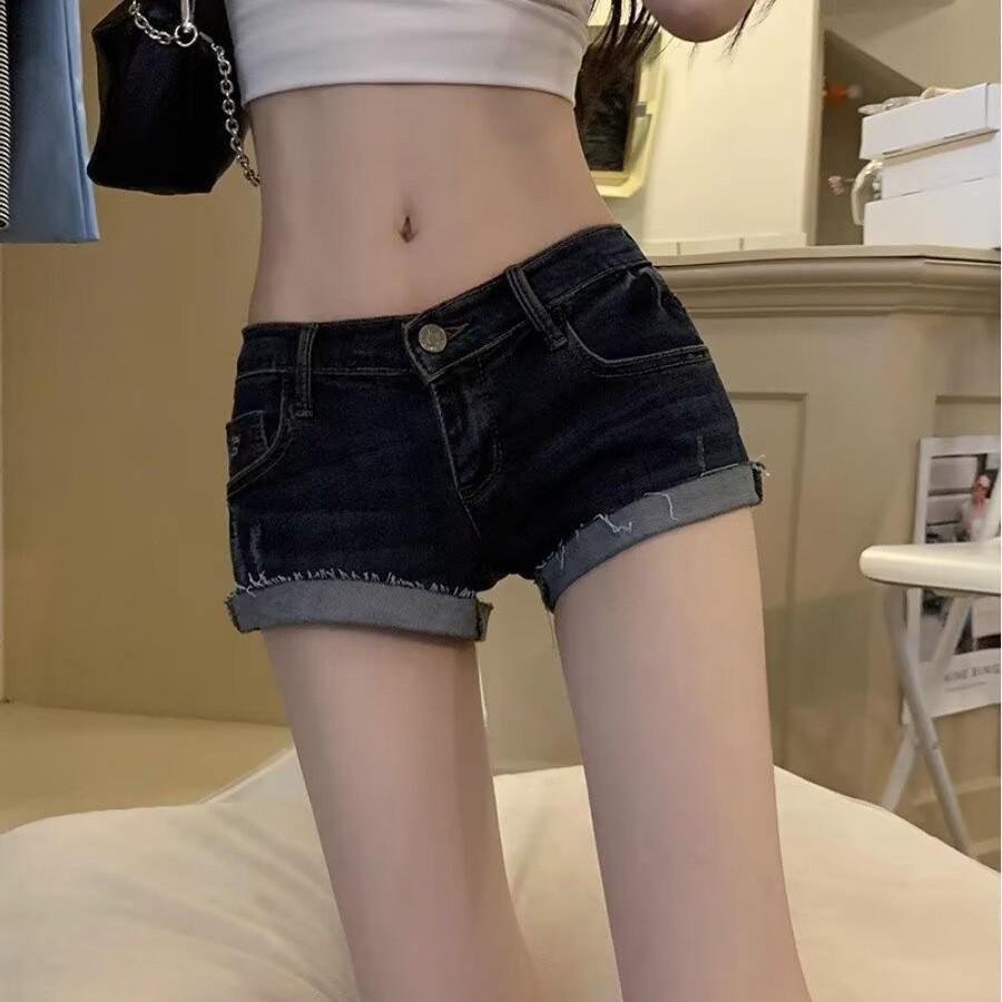 Women s Retro Spicy Low Waist Slimming Denim Shorts – Petite American Hip-Hugging Hot Pants with Rolled Hem Medium