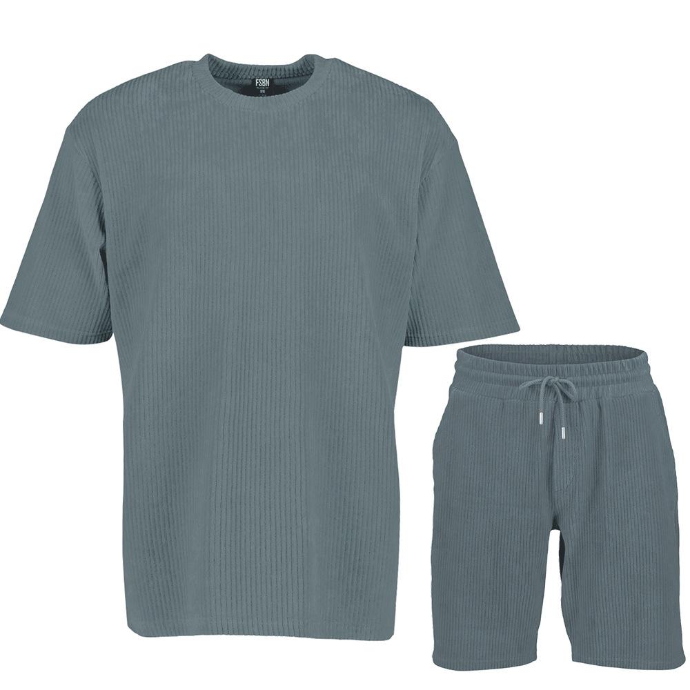 

2023 Summer Man s Striped Suit Loose Crew Neck Short-sleeved T-shirt And Shorts Solid Color Sports Casual Two-piece Set XXXL сірий