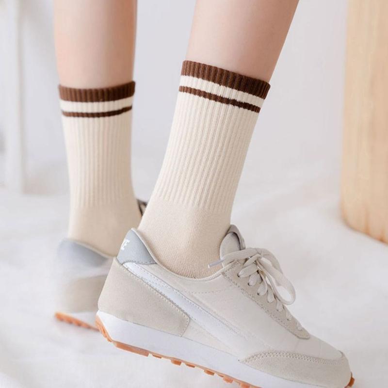 Men's and Women's Matching Solid-color Cotton Mid-calf Socks, Versatile Striped Long Socks, Sporty and Casual, Trendy Sports Socks, Cotton