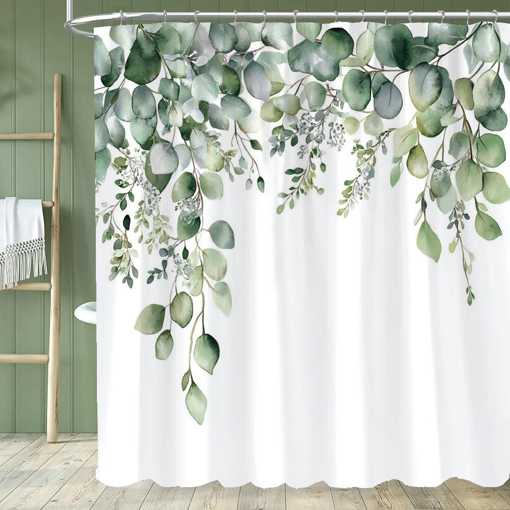 Green Leaf Shower Curtain, Plants and Eucalyptus Leaves Bathroom Decor, Waterproof Polyester Shower Curtain, Home Decor Curtain