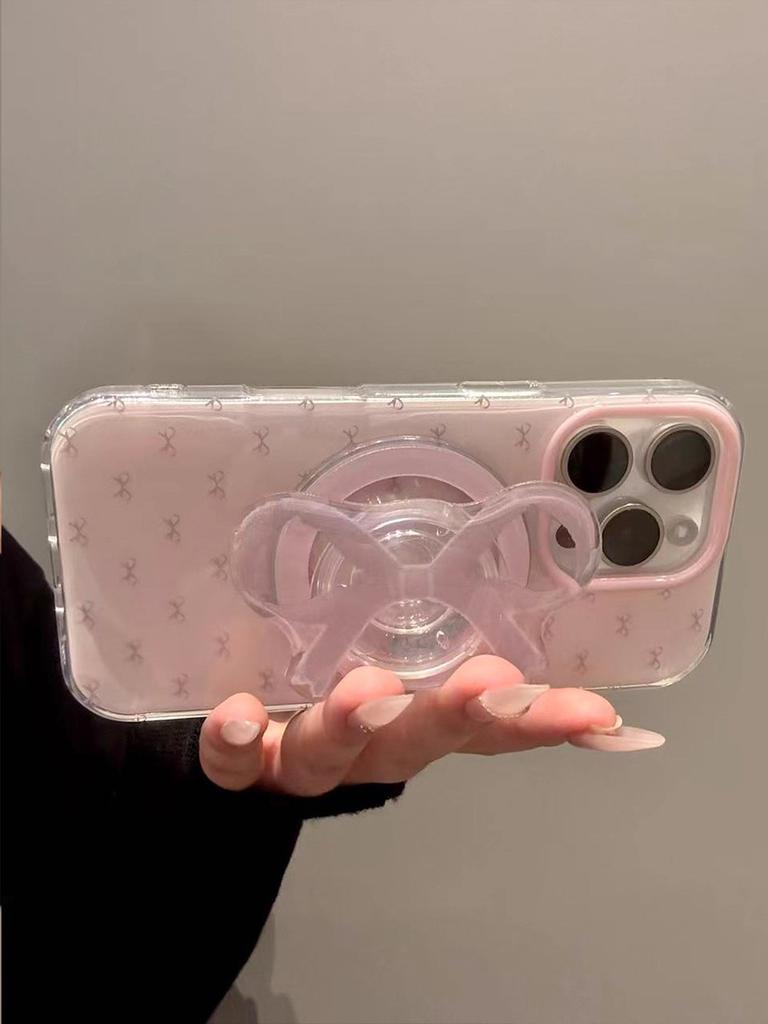 Cute Pink Bowknot Bow Magnetic Grip Tok Wireless Charge Phone Case for iPhone 16 15 14 13 17 Pro Max For Magsafe Holder Cover