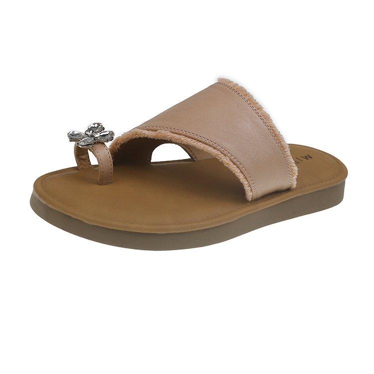 Weichsohlige Hausschuhe Damen Sommerbekleidung 2025 neu Französische Internet-Berühmtheit Strass Zehenbedeckt Flachboden Strand Cool Hausschuhe