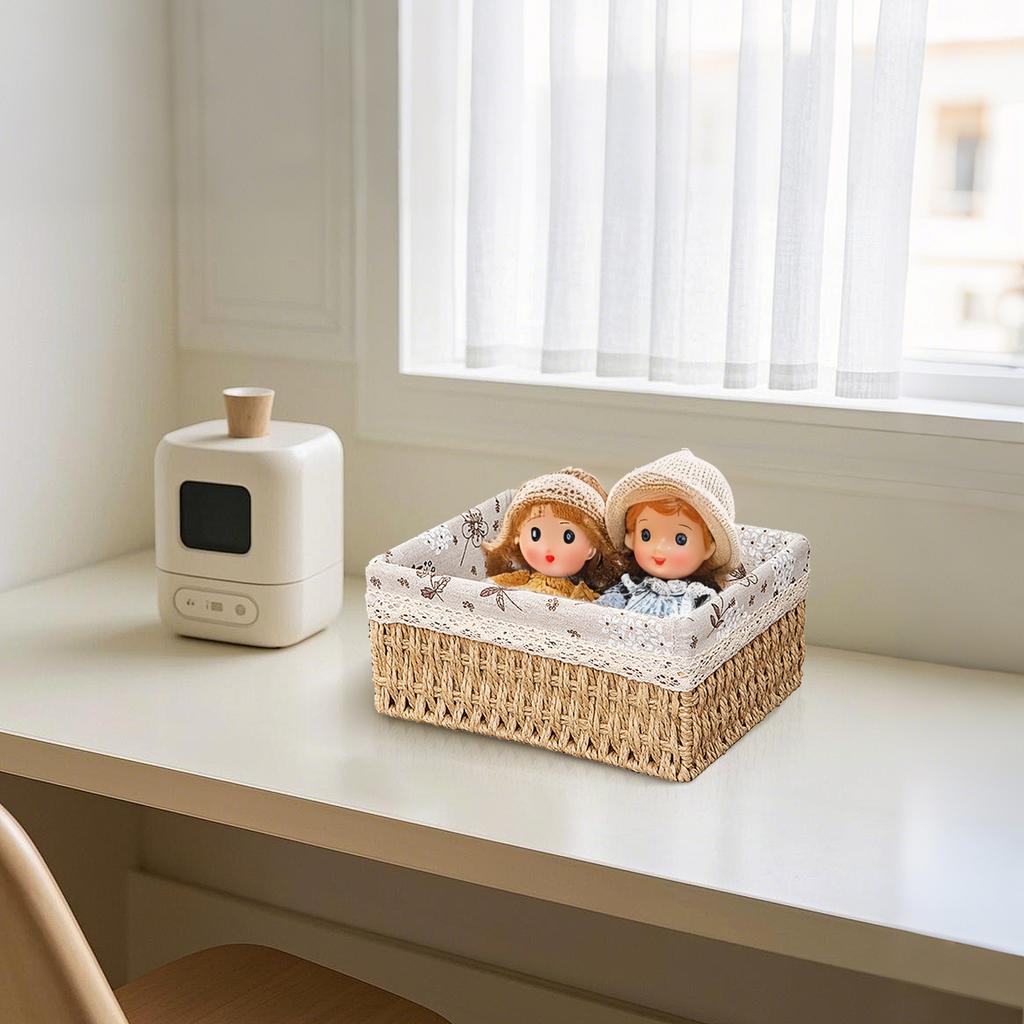 3PCS Faux Rattan Storage Basket Set Rectangular Decorative Flower Woven Storage Basket Organizer with Cloth Liner for