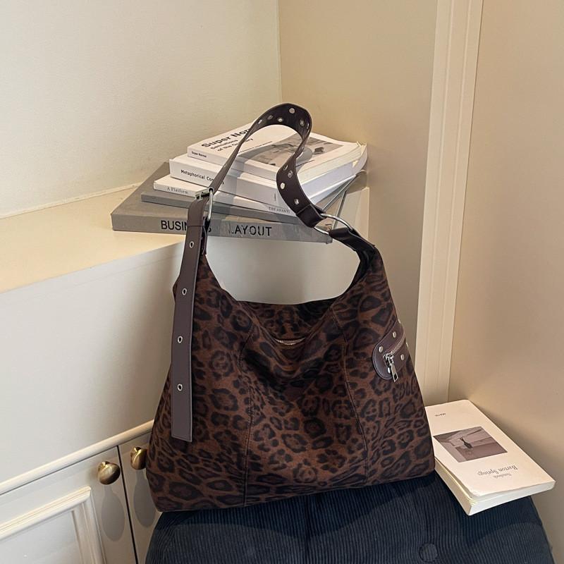 IELGY Leopard Print Suede Tote Bag All-Match Large-Capacity Commuter Shoulder Messenger Bag