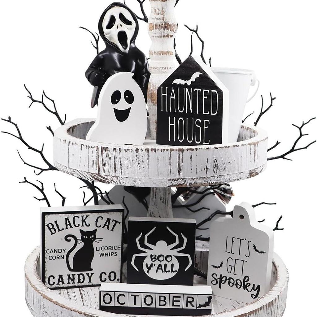 Halloween layered tray decoration, Halloween decoration hunting house black cat BOO ghost table wooden signage tray