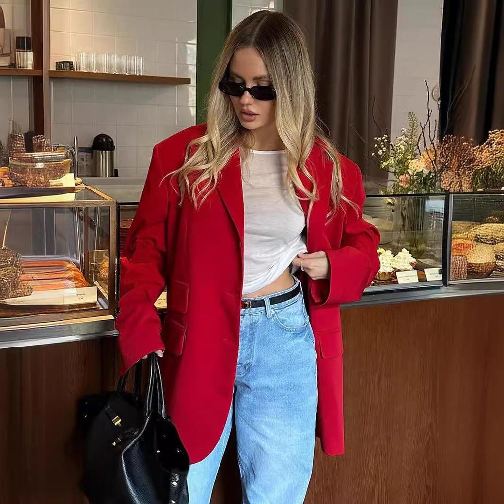 Women's Autumn Winter Solid Color Long Sleeve Casual Button Temperament Commuter Blazer Suit