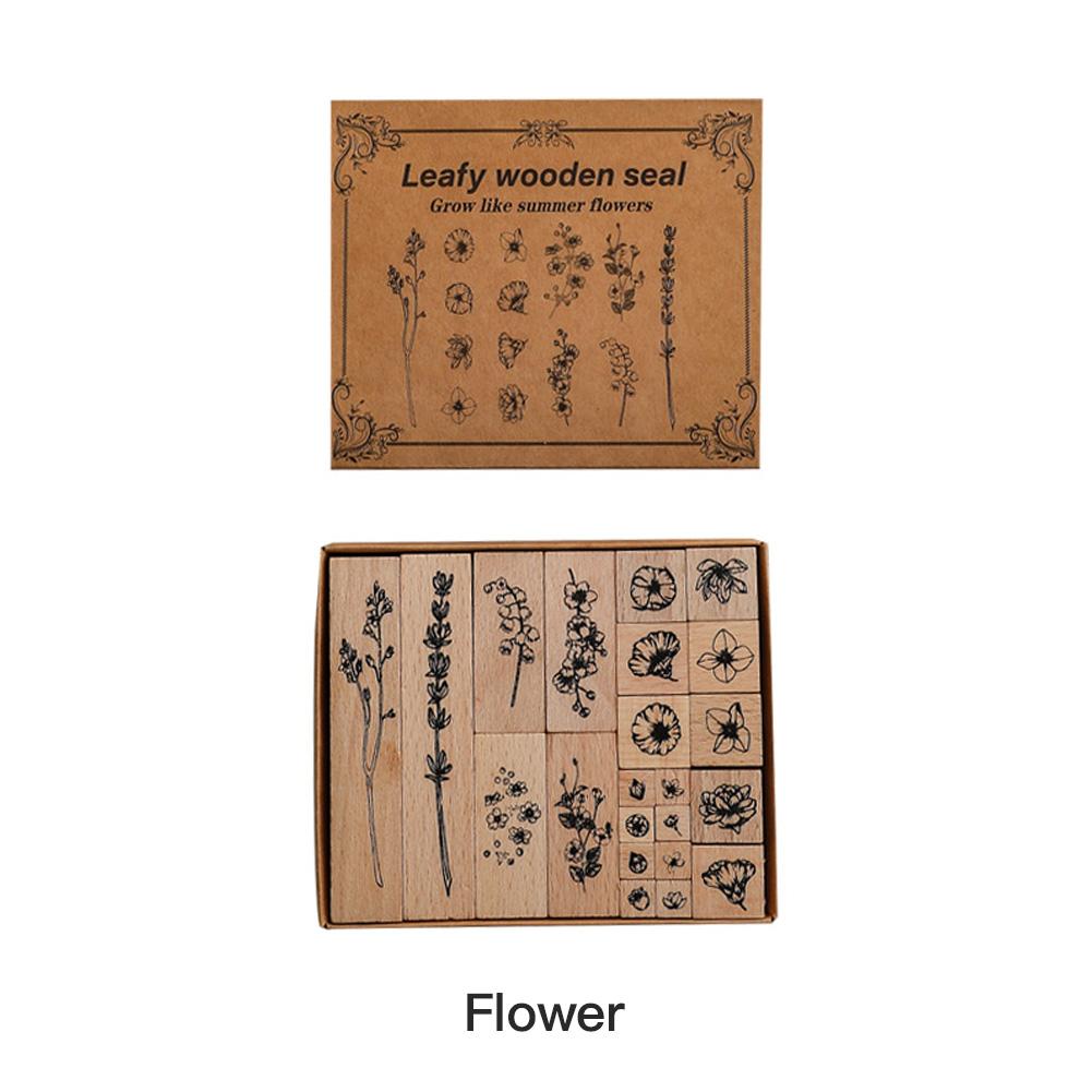 Flower Leaf Stamp Seal Set Universal Wooden Stamps Seal 22Pcs/Set Multi-purpose DIY Scrapbooking Diary Decoration Gift Supplies