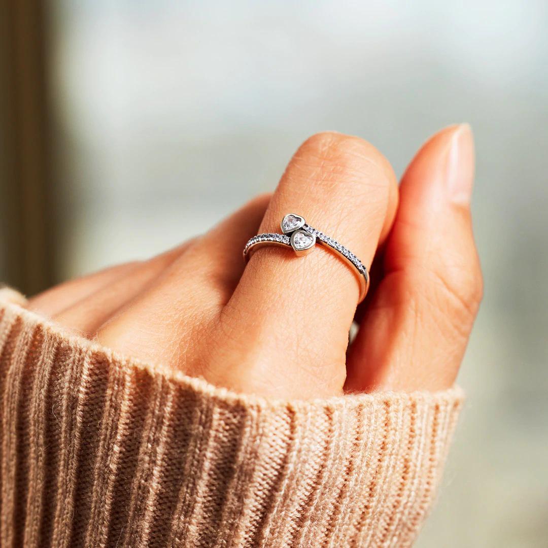 

European & American Luxury Double Heart Zircon Ring - High-End Fashion Accessory Adjustable Open Size