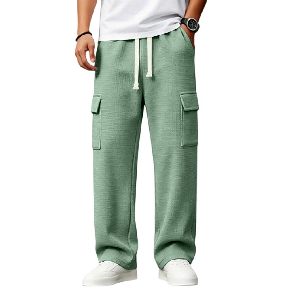 Men's Knit Cargo Pants Loose Fit Multi-Pocket Casual Pants with Drawstring Elastic Waist for Daily Wear