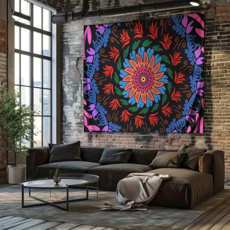 Verzauberte Mandala-Blumen-Wandteppich Einzigartige handgezeichnete Kunst Wanddekoration Verleiht Ihrem Zuhause einen Hauch von exotischem Charme und Farbe
