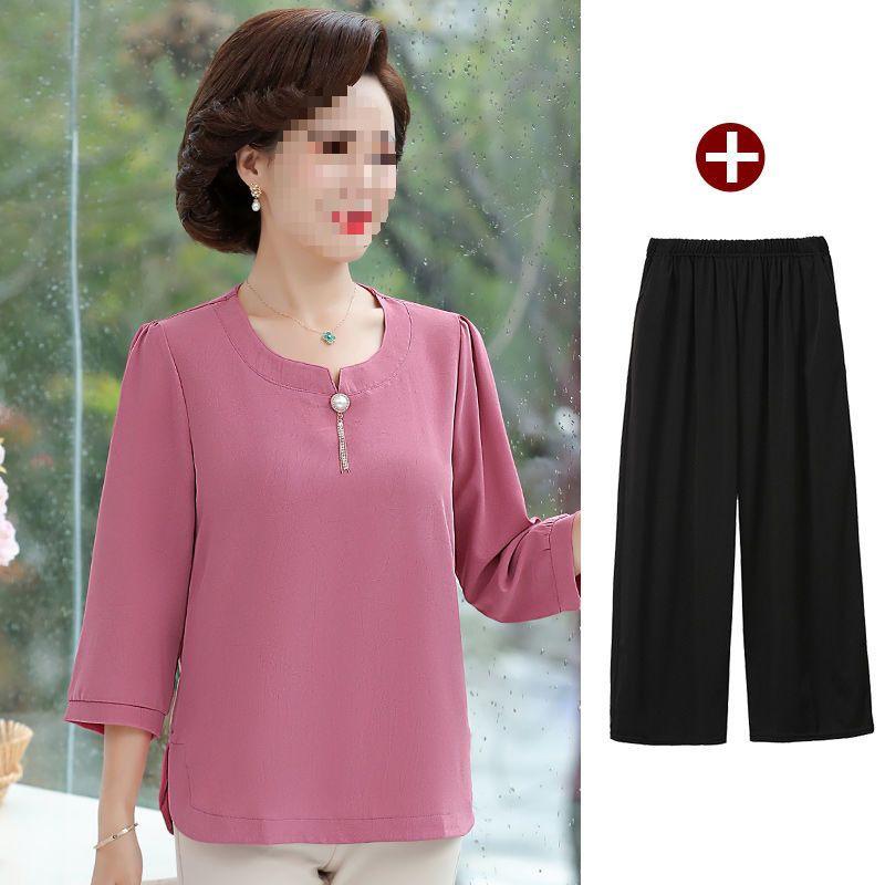 Stylish Spring Two-Piece Set for Middle-Aged Women - Loose Short-Sleeved Top & Bottom