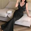 European and American suppliers women's dress summer black sexy backless V-neck waist temperament long fishtail skirt