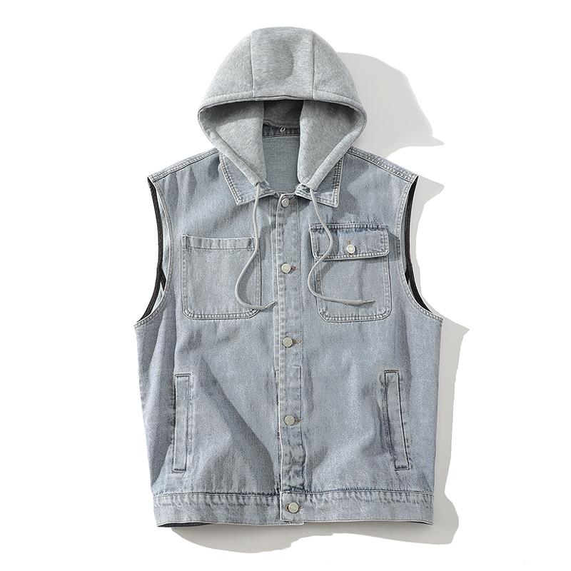 

2025 Мужской Весенне-Летне-Осенний Джинсовый Жилет Куртка Подростковый Черный Повседневный Жилет с Капюшоном Пальто Большого Размера Жилет 2XL синий