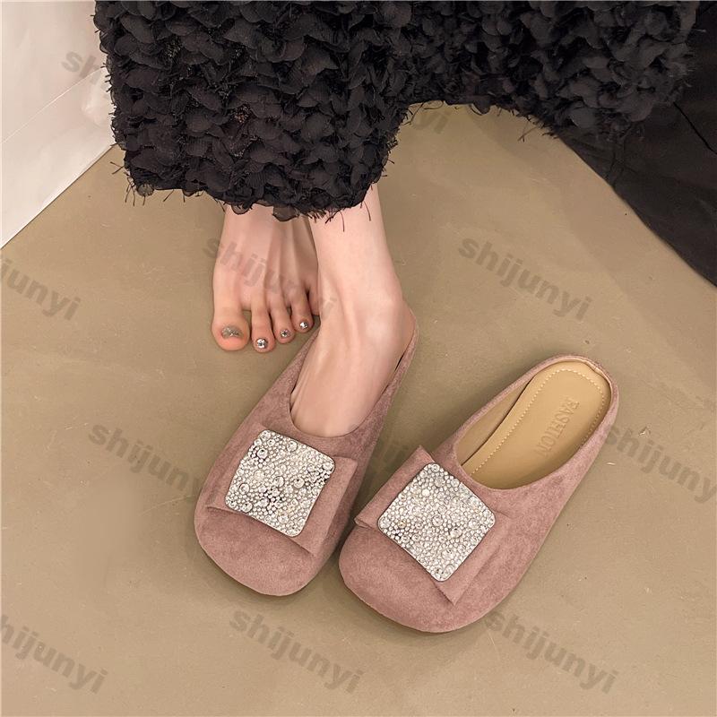 Fashion Women Shoes 2025 Summer New Fashion Soft Sole Non Slip Half Drag Shoes Outdoor Comfortable Vintage Rhinestone Square Toe Sandals