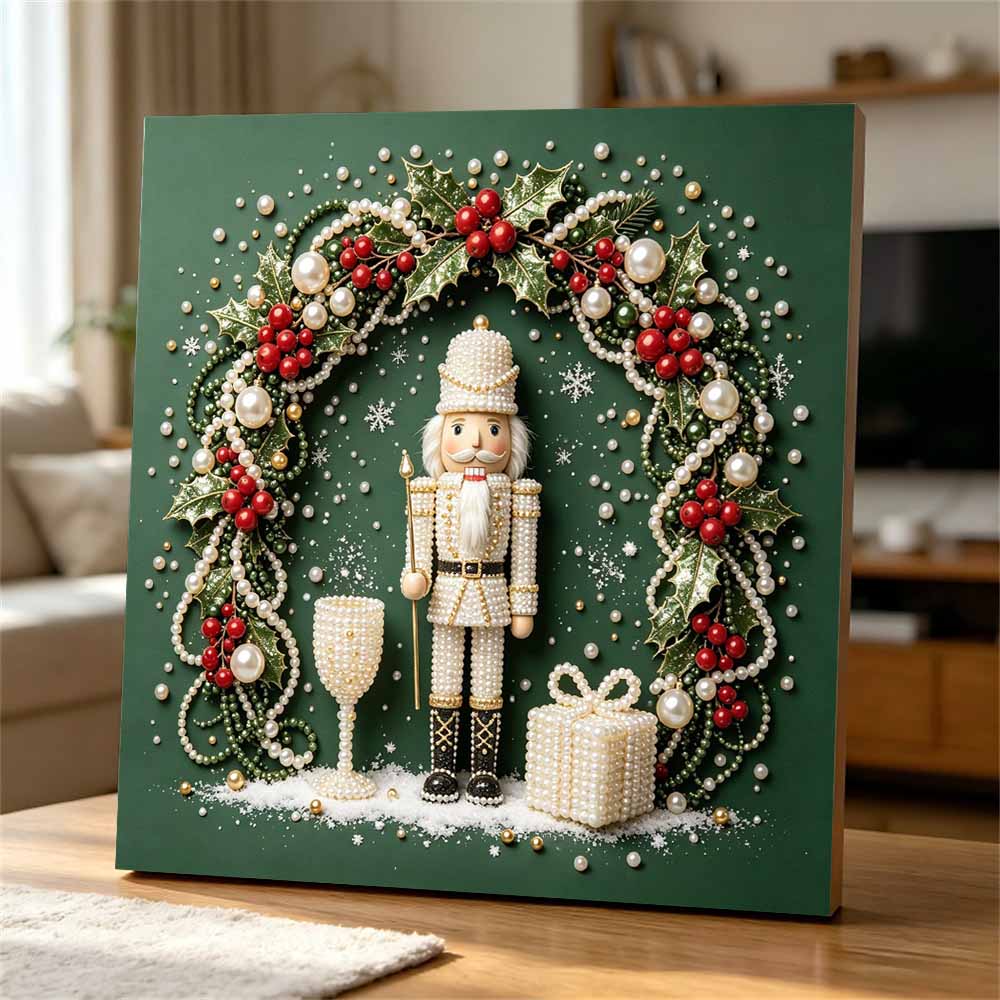 Framed Pearl Art DIY Kit with Christmas Nutcracker and Holly Wreath 3D Sparkling Bead Canvas Painting Handmade Gift for Home Decoration