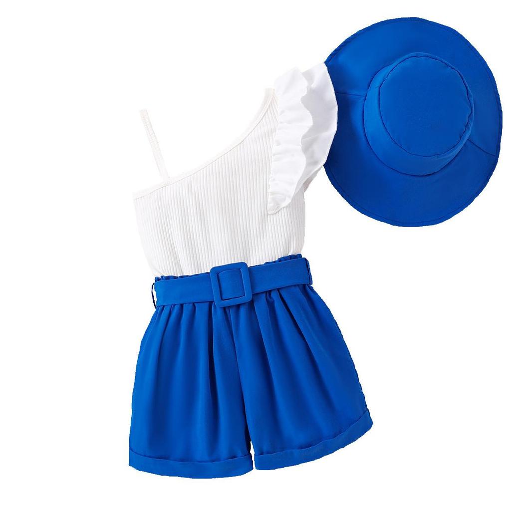 Flickors Mode Kostym Sommar Barn Casual Sned Axel Haltertopp + Shorts med Bälte + Hatt Kostym