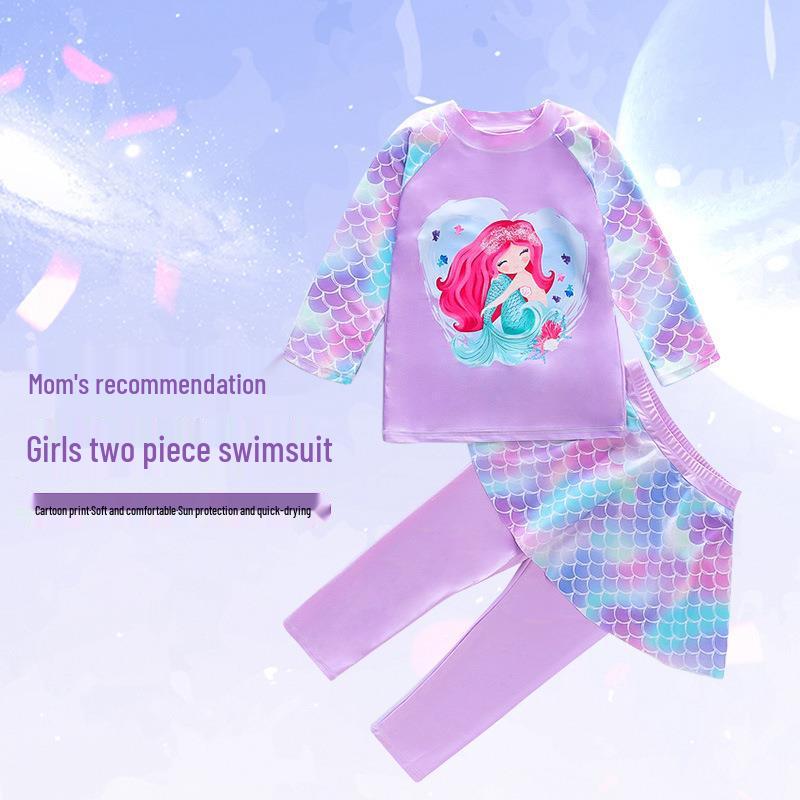 Kids' Long Sleeve Mermaid Swimsuit with Sun Protection and Quick-Dry Pants