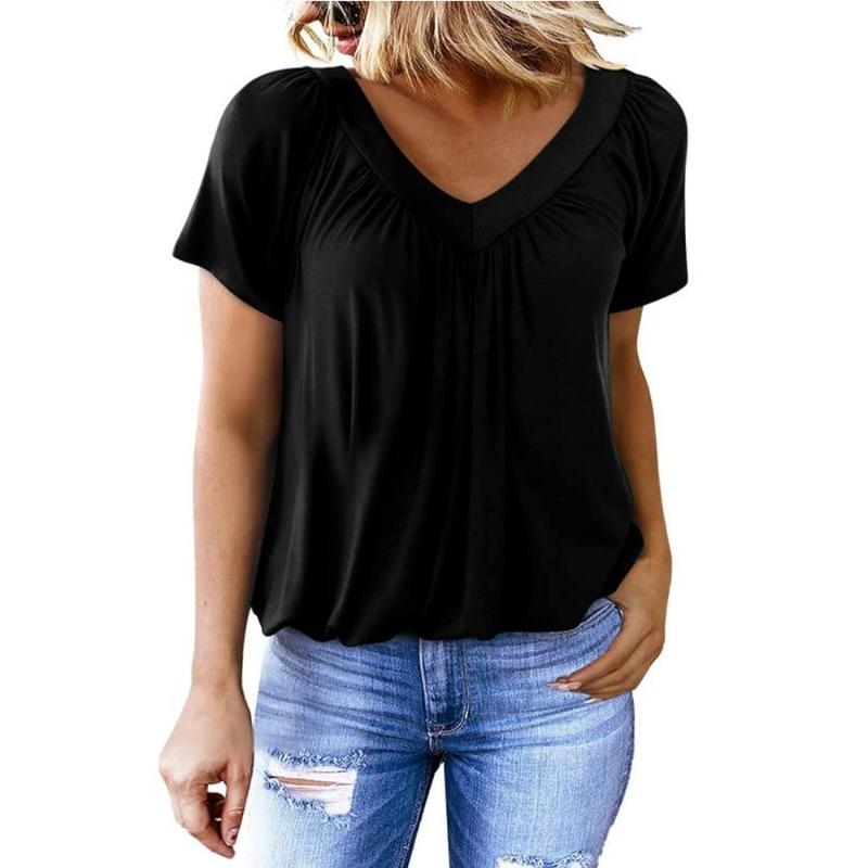 Women's Casual V-neck Short Sleeve Blouse Pleated Loose Fit Solid Color Chiffon Top