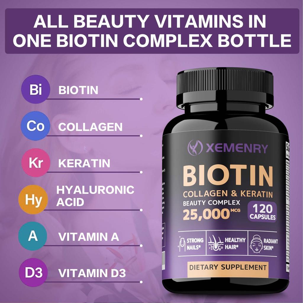 High-content biotin complex capsules, 25000mcg biotin, collagen, keratin, suitable for both men and women.