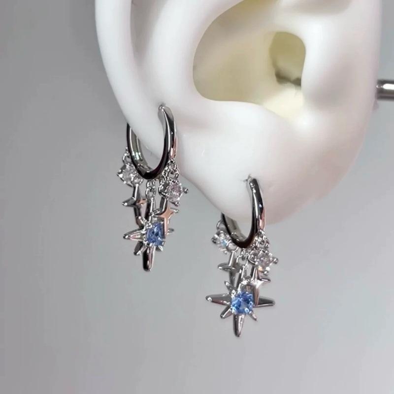 

Серьги-подвески в виде восьмиконечной звезды из голубого циркона для женщин, серебристого цвета, с кисточками-звездами, серьги-клипсы, Y2K украшения, подарок