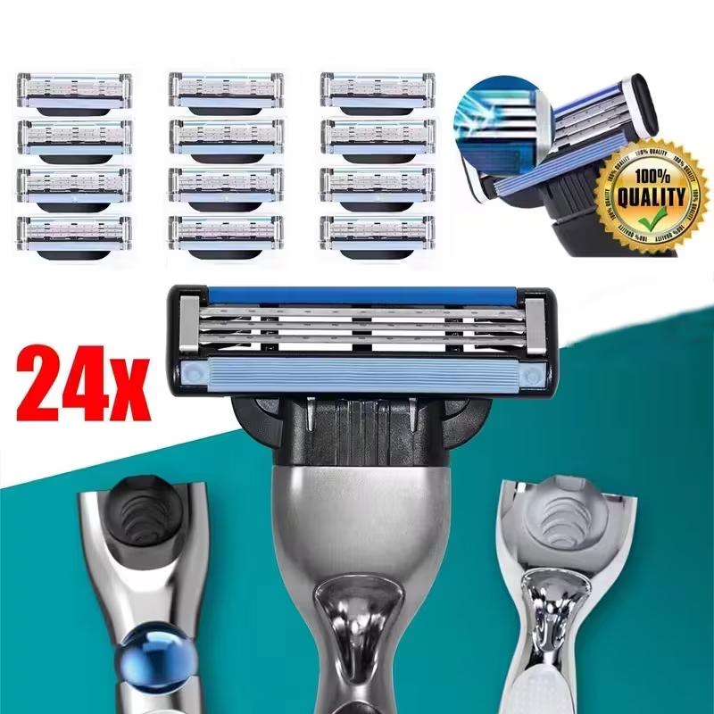 24PCS Men Razor Blades Refills, Men Shaver Turbo Razor Blades Refills Set with Precision Cut Stainless Steel 3 Blades - Compatible, Smooth & Quick