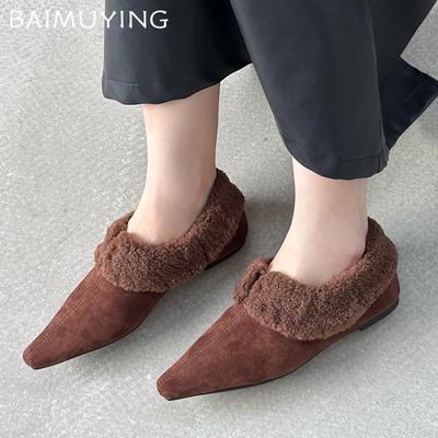 Fur Flats Women Boots Suede Pointed Toe Elegant Short Plush Winter Cotton Shoes 2025 Trend Designer Warm Cozy Chaussures Femme