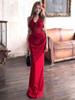 Maxi Abito da Donna Rosso Floreale con Schiena Scoperta e Scollo all'Americana – Elegante per l'Estate, Formale, Vestibilità aderente, che abbraccia i fianchi