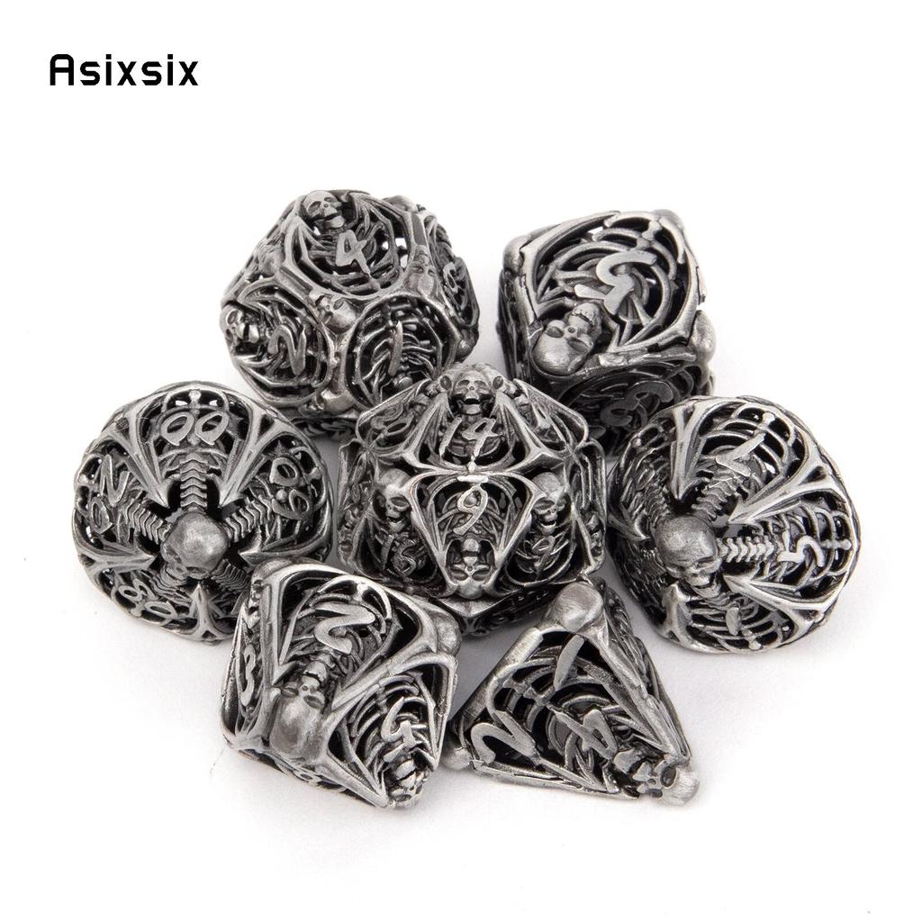 7 stk Sølv Hodeskalle Metallterninger Hule Metall Polyedriske Terninger Sett Egnet for Rollespill RPG Brettspill Kortspill