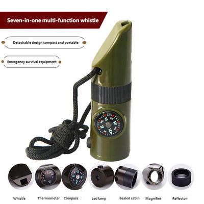 7-In-1 Multifunctional Whistle with Compass Thermometer Magnifier Reflector Mirror LED Light Outdoor Hiking Hunting Camping Emergency Survival Tool