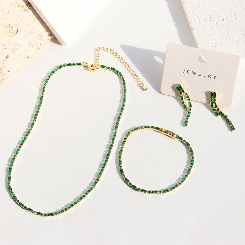 Emerald Zircon Gold-Plated Jewelry Set: Full Diamond Necklace, Earrings & Bracelet