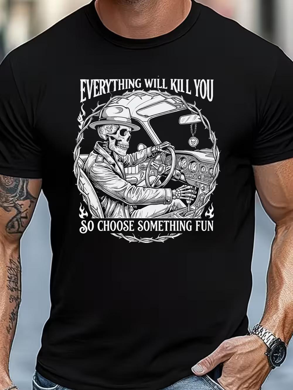 Retro Distressed Skull Pattern T-shirt for Men - Round Neck. Thorn and Flame Elements. Daily Versatile Short Sleeve. Men s T-shirt S