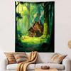 Cozy Cabin in Enchanted Forest Scene Patterned Tapestry Decorative Wall Hanging, Home Bedroom Living Room Decor
