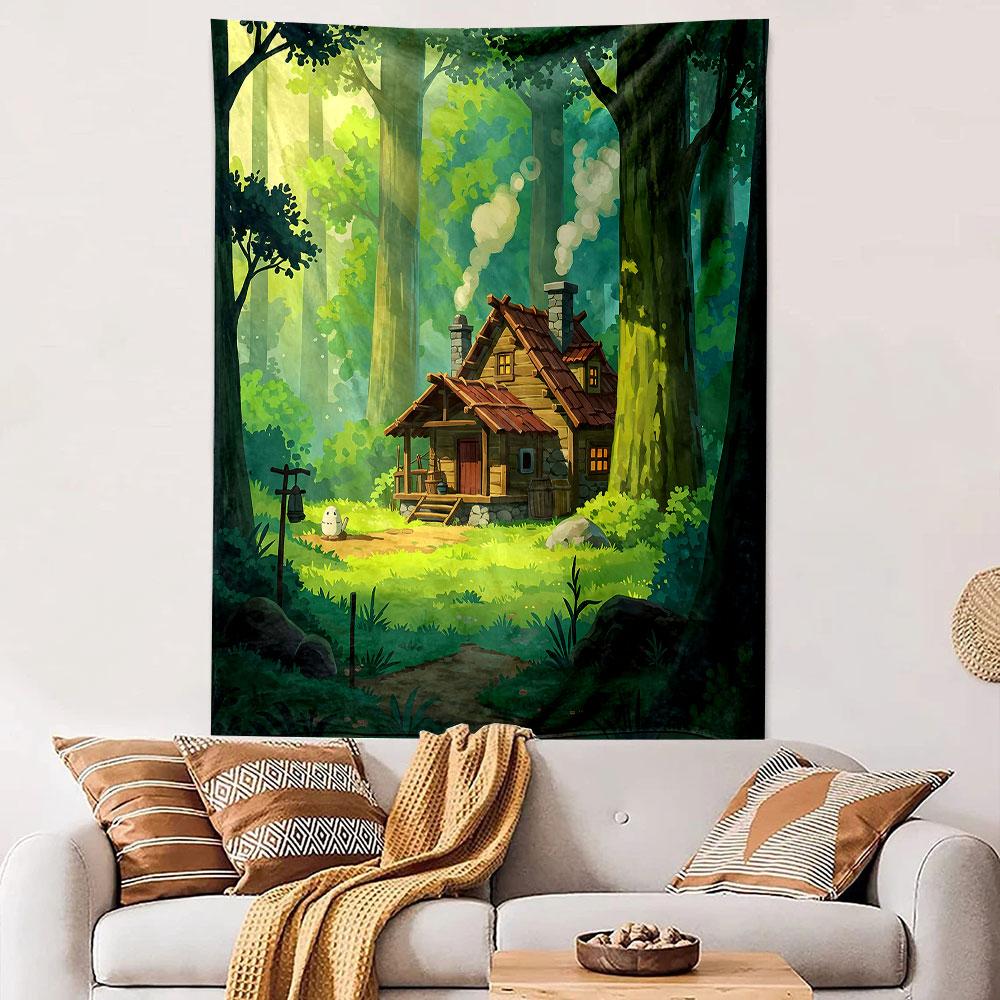 Cozy Cabin in Enchanted Forest Scene Patterned Tapestry Decorative Wall Hanging, Home Bedroom Living Room Decor