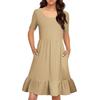 Women's Casual Round Neck Short Sleeved Dress Solid Color Loose Waist Pleated Dress