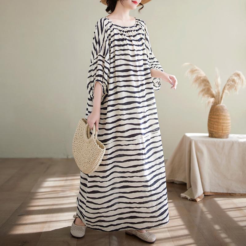 

DIMANAF 2025 Summer Plus Size Dress Women Casual Vintage Floral Dress Printing Long Beach Elegant Loose Dress One Size