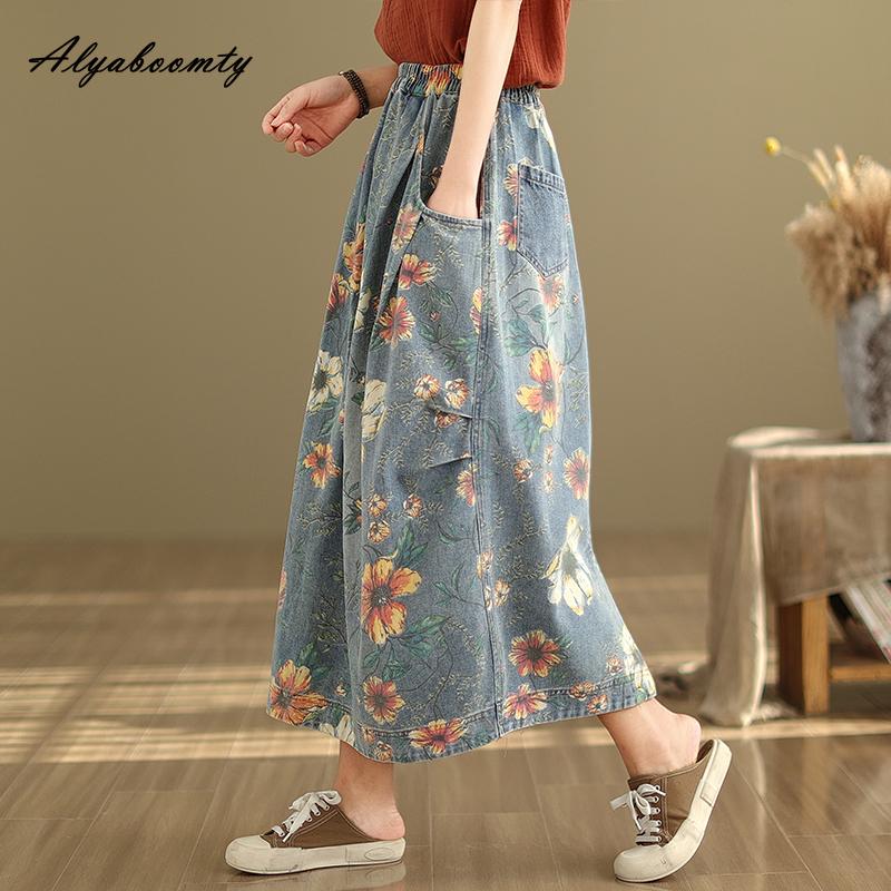Mori Girl Spring Autumn Women Midi Denim Skirt Elastic Waist Floral Print Vintage Skirt Retro Elegant Ladies's Skirt With Pockets