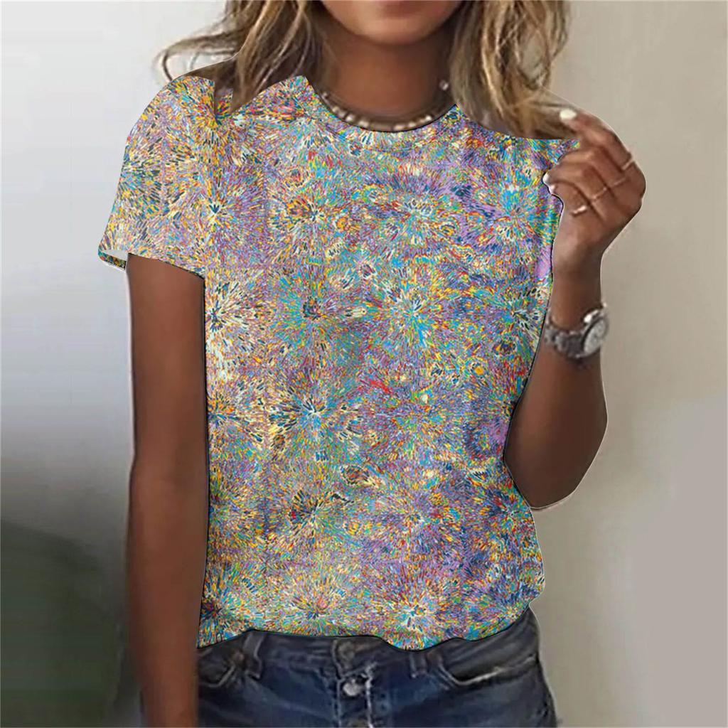 Camiseta Feminina com Estampa Padrão 3D Casual Manga Curta Gola Redonda Top Moderno Roupas Femininas de Rua