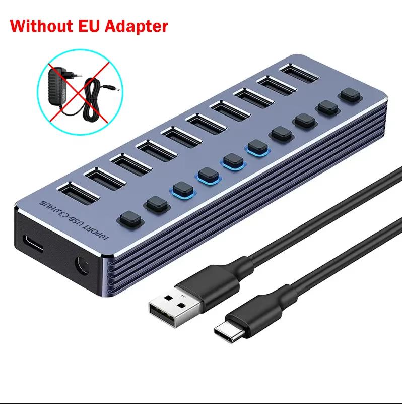 Powered USB Hub 10-Port Splitter Socket with Multi USB 3.0 Port Slot Plug On-Off Key Switch Dock Power Strip Adapter for Laptop