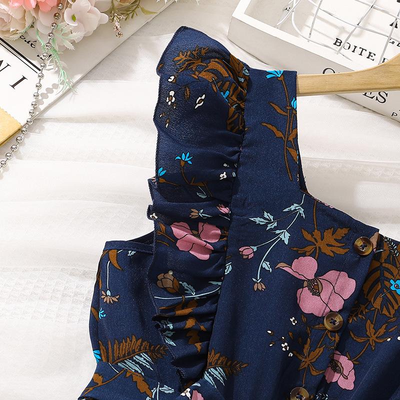 Girls' Dress Children's Clothing Summer Suspender Retro Printed Temperament Pleated Dress