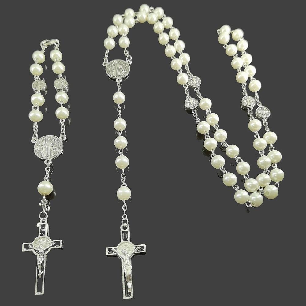 Imitation Pearl Religious Jewelry Set Sweater Chain Long Cross Pendant Necklace Devotional Vintage Style Christian Bracelet