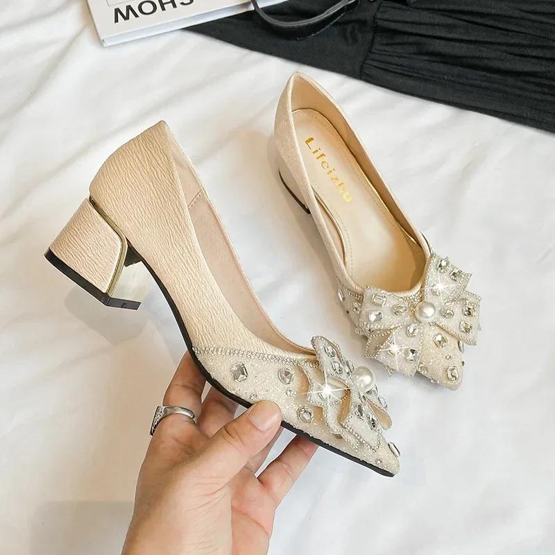 French Style Women Shoes Fashion Luxury Pumps Pointed Toe Rhinestone Bowknot High Heels Shoes Girl Dress Shoes