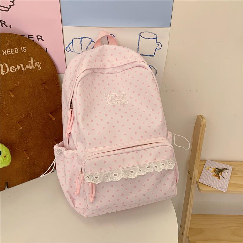 Zaino Grigio Nebbia con Ciondolo a Forma di Stella in Pizzo Borsa da Scuola Femminile Semplice a Pois Vento Gentile Zaino Grande Capacità per Studenti delle Scuole Medie