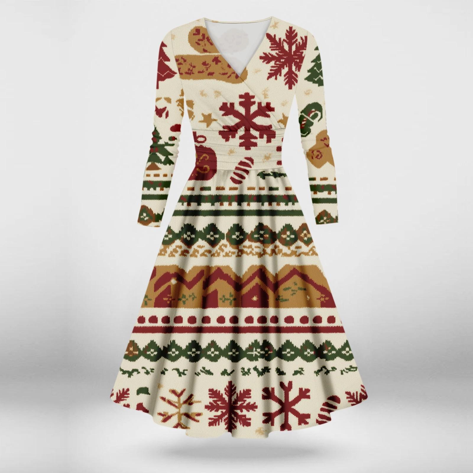 

Женское повседневное и модное сексуальное платье с v-образным вырезом и длинными рукавами с рождественским принтом S бежевый