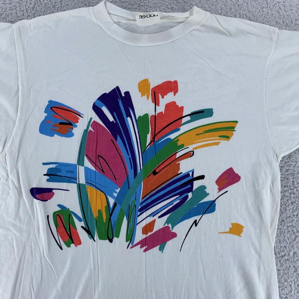 Vintage Flexatard Shirt Mens M/L White Abstract Art Graphic Colorful 90s Tee